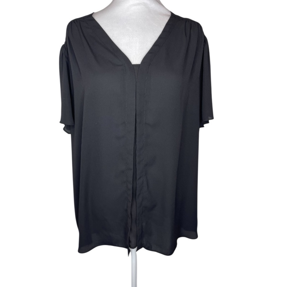 Vince Camuto Black Sheer Blouse V-neck Cap Sleeves Casual
Elegant Size 2X|